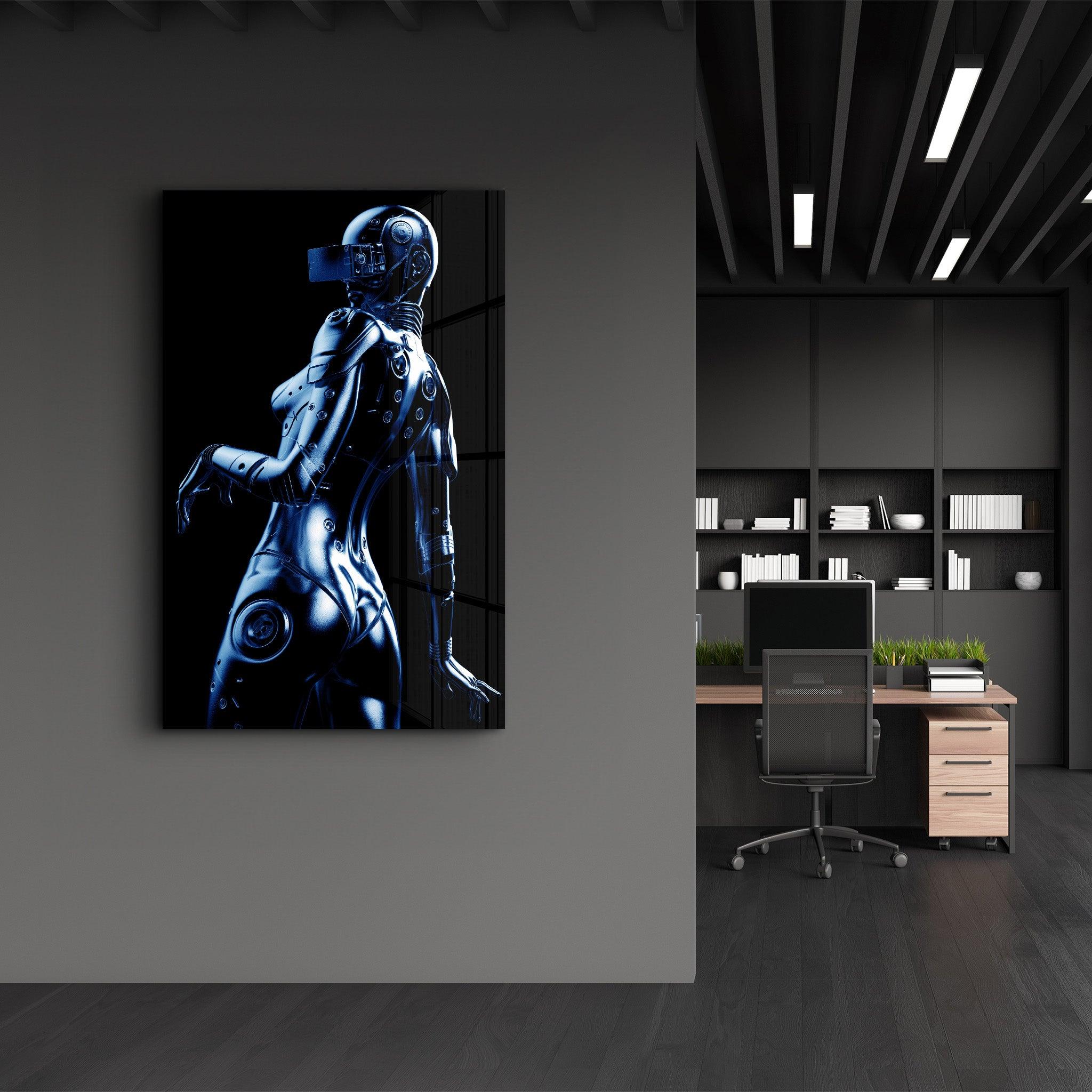 Steel Robot Girl in Blue | Designer's Collection Glass Wall Art - Artdesigna