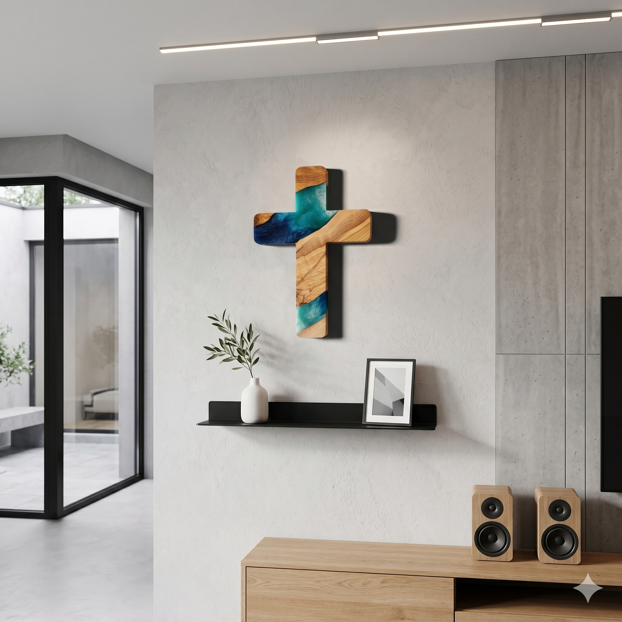 Handmade olive wood and artistic resin wall cross, decorative wood wall art by Artdesigna featuring intricate design details.
