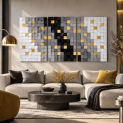 Artdesigna Golden Touches wood wall sculpture featuring a modern, golden-toned design with abstract wooden elements for wall decor.