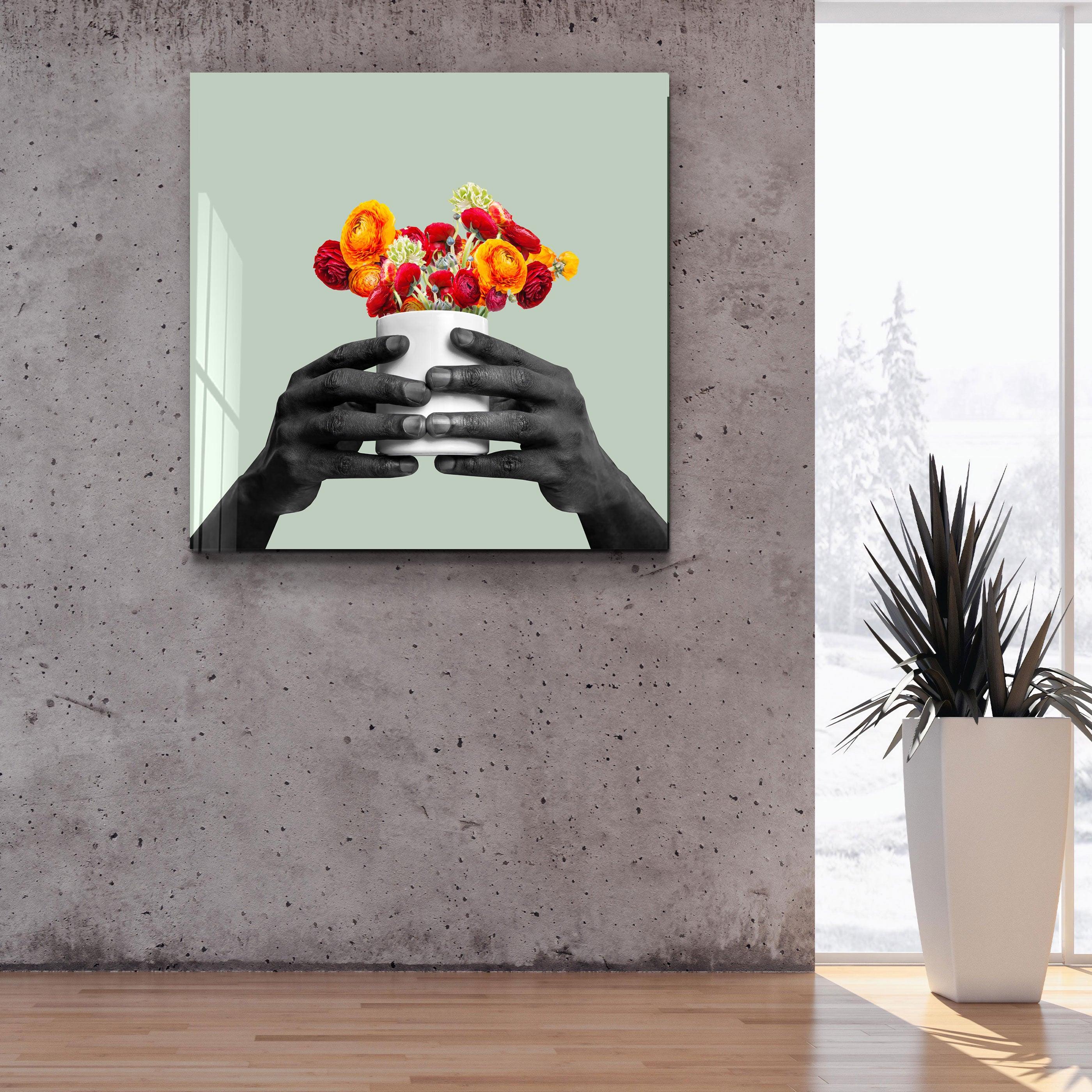 ."Holding the Flower - Gray". Contemporary Collection Glass Wall Art - ArtDesigna Glass Printing Wall Art