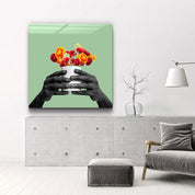 ."Holding the Flower - Green". Contemporary Collection Glass Wall Art - ArtDesigna Glass Printing Wall Art