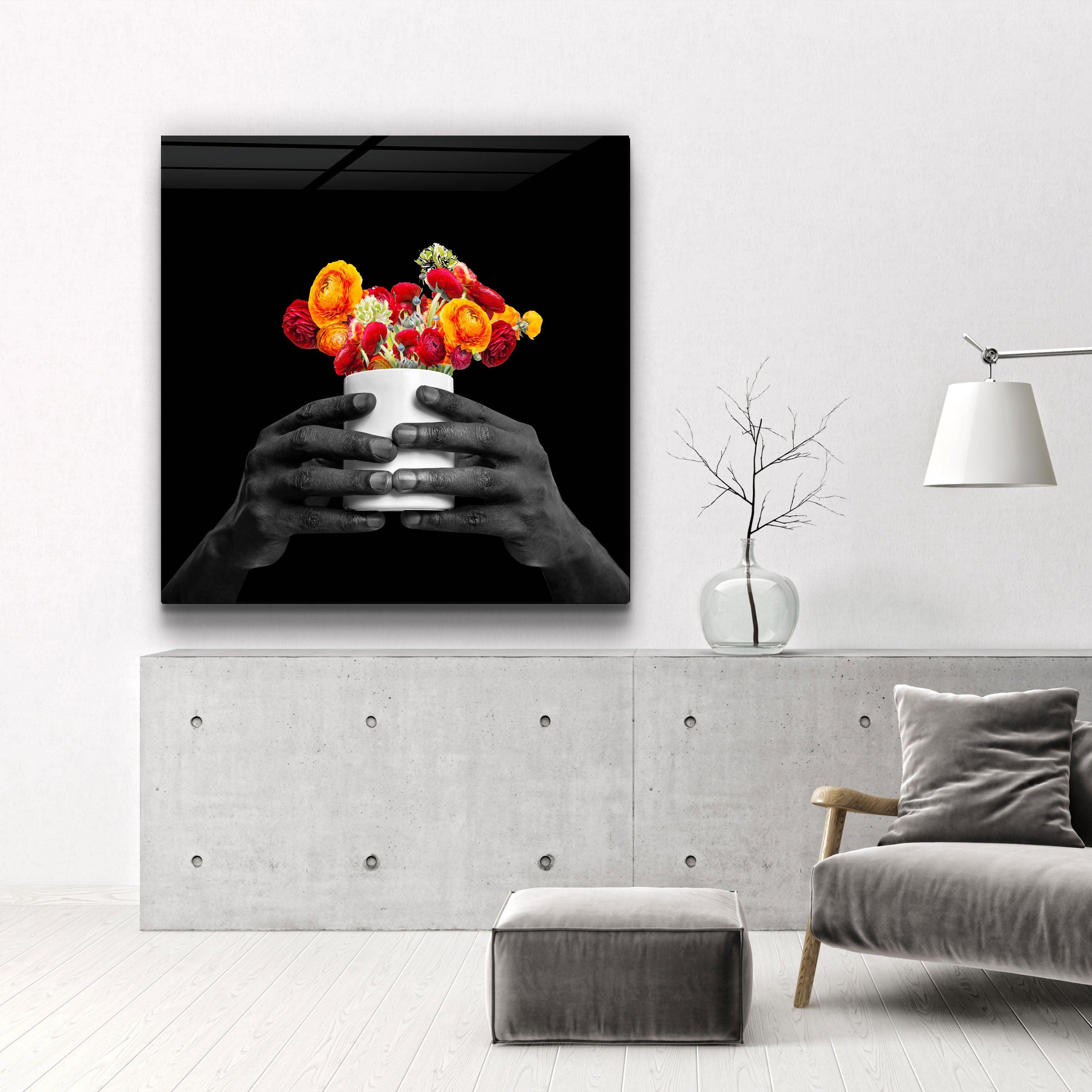 ."Holding the Flower - Black". Contemporary Collection Glass Wall Art - ArtDesigna Glass Printing Wall Art