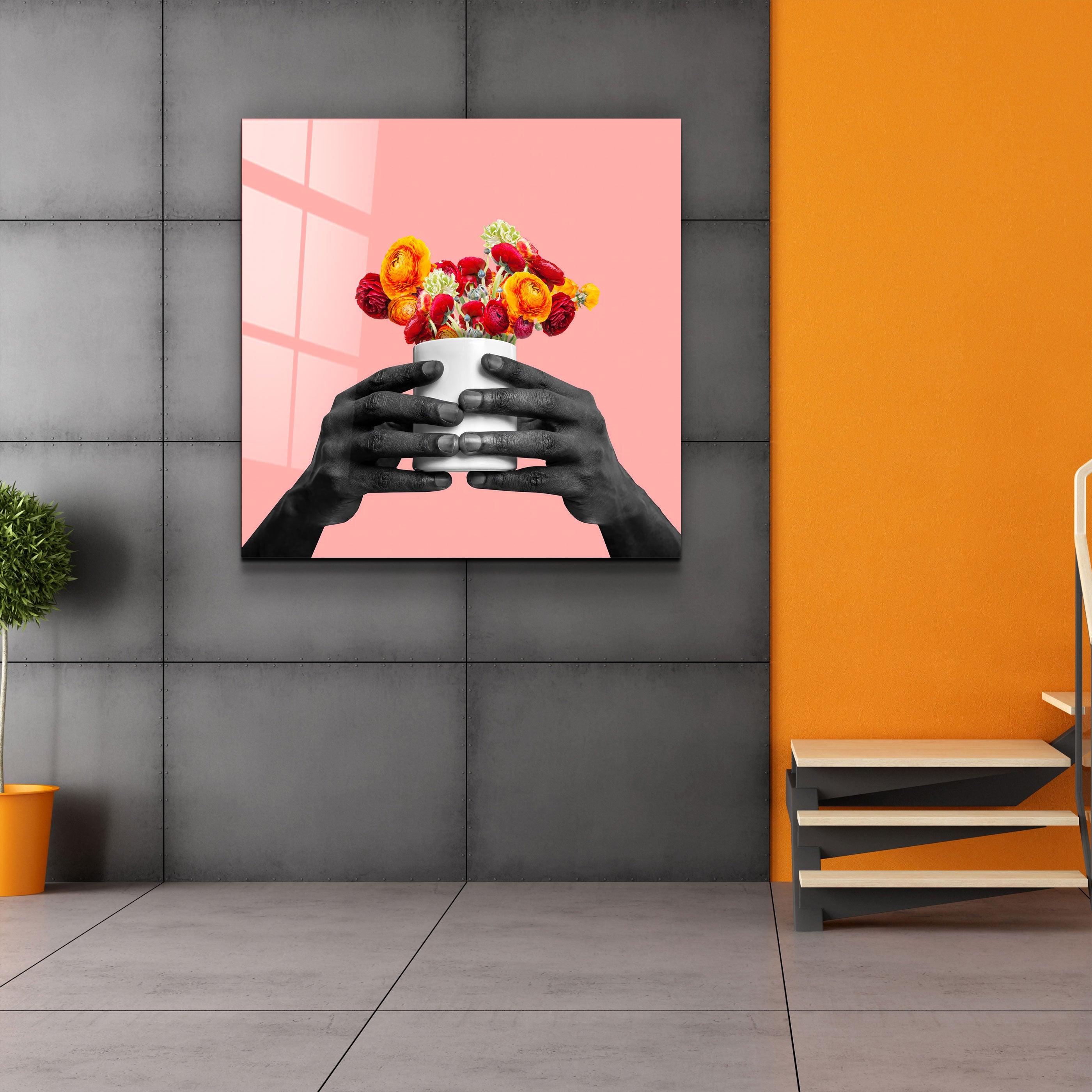 ."Holding the Flower - Pink". Contemporary Collection Glass Wall Art - ArtDesigna Glass Printing Wall Art