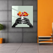 ."Holding the Flower - Gray". Contemporary Collection Glass Wall Art - ArtDesigna Glass Printing Wall Art