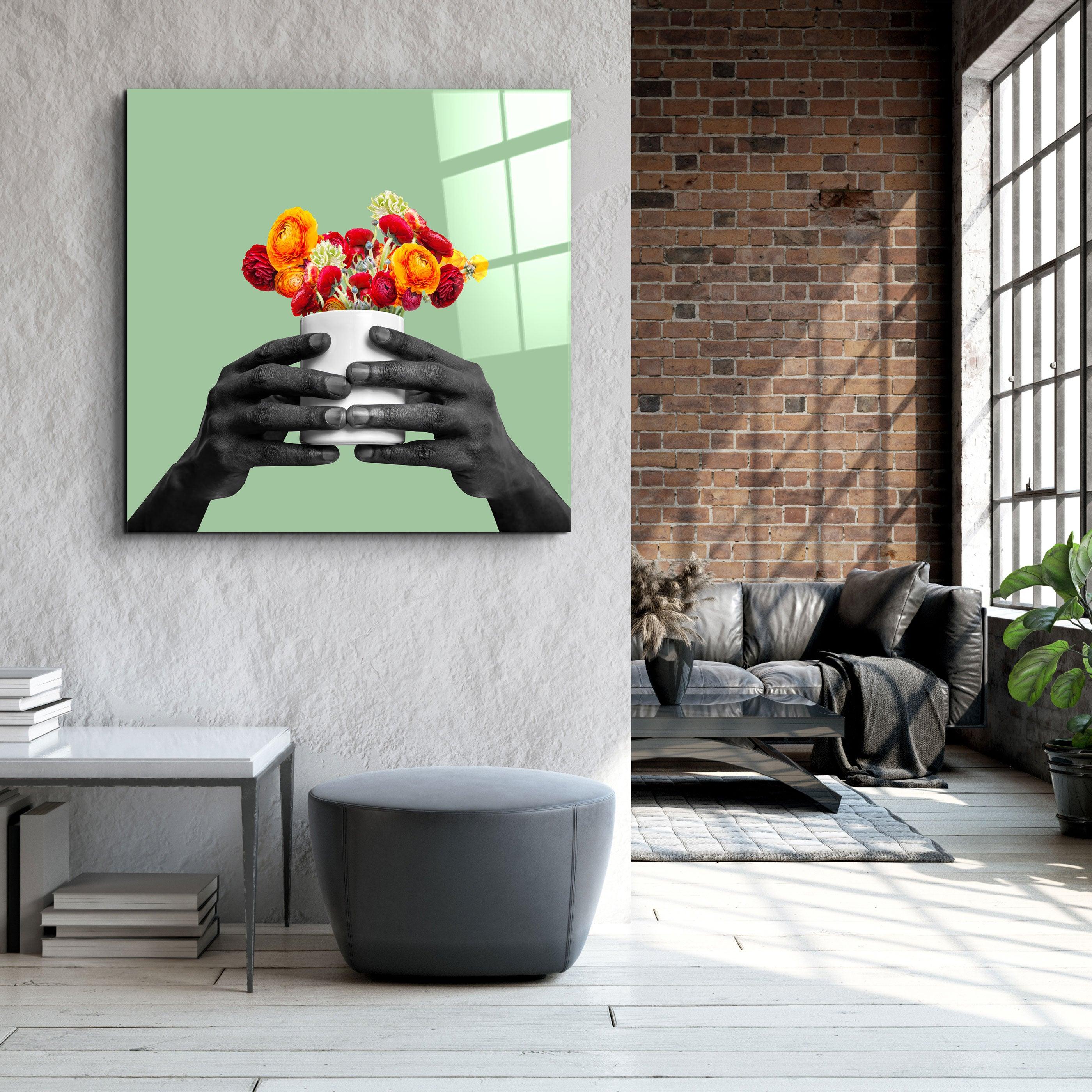 ."Holding the Flower - Green". Contemporary Collection Glass Wall Art - ArtDesigna Glass Printing Wall Art