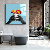 ."Holding the Flower - Blue". Contemporary Collection Glass Wall Art - ArtDesigna Glass Printing Wall Art