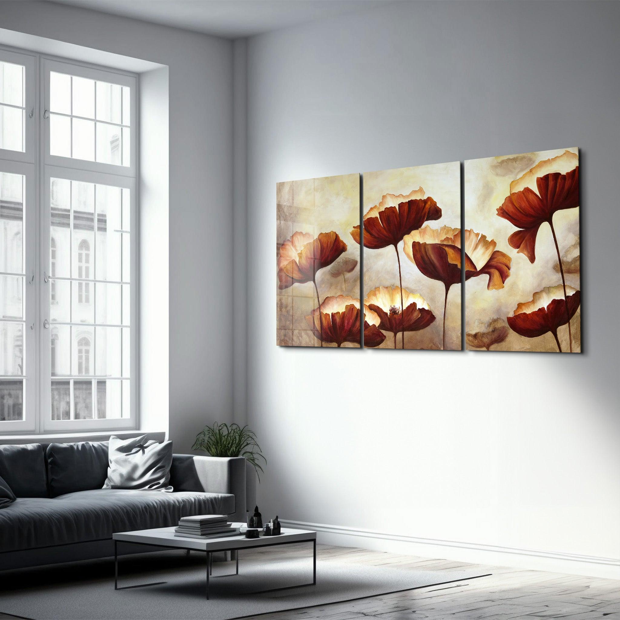 ・"Brown Flowers - Trio"・Glass Wall Art - ArtDesigna Glass Printing Wall Art