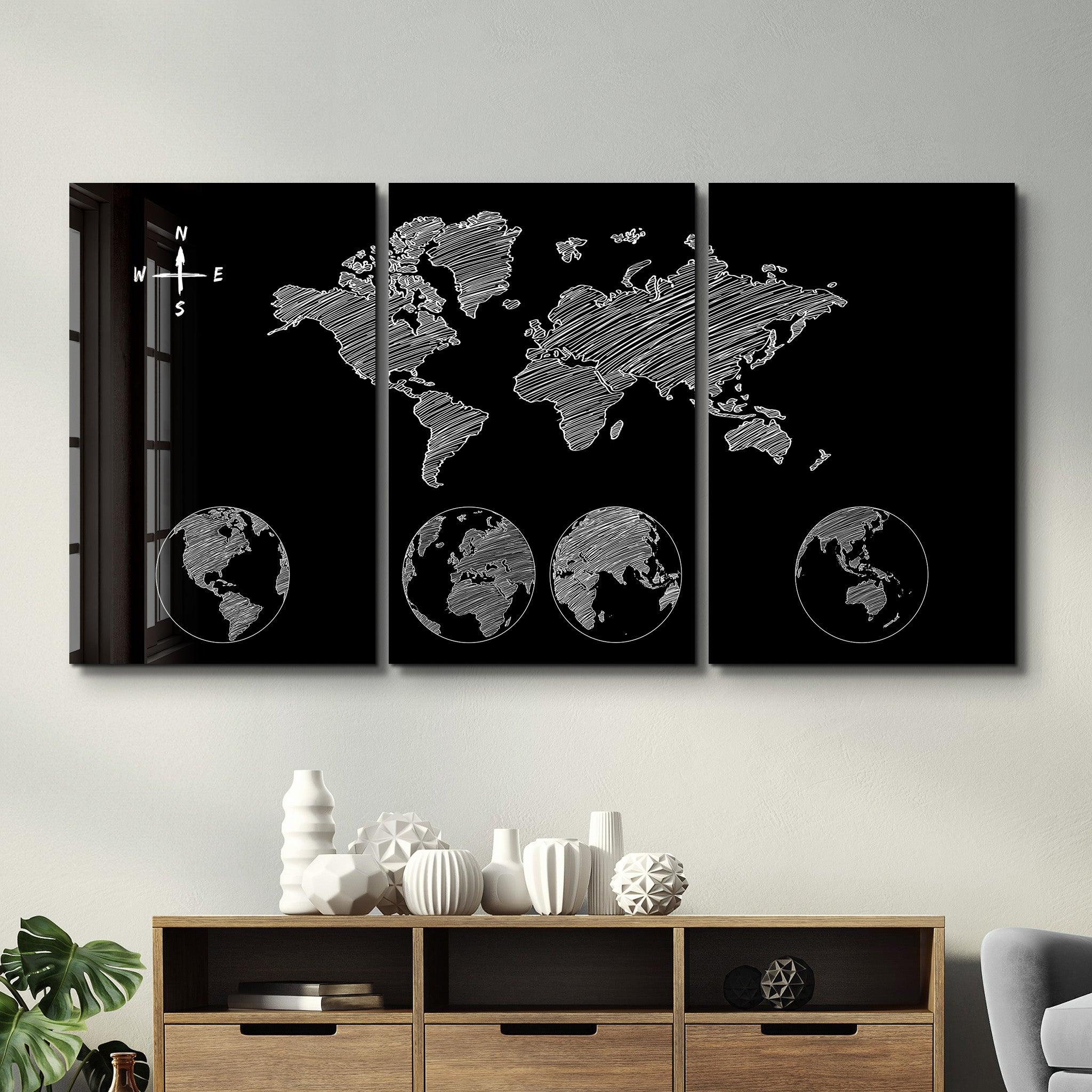 ・"World Map Black - Trio"・Glass Wall Art - ArtDesigna Glass Printing Wall Art