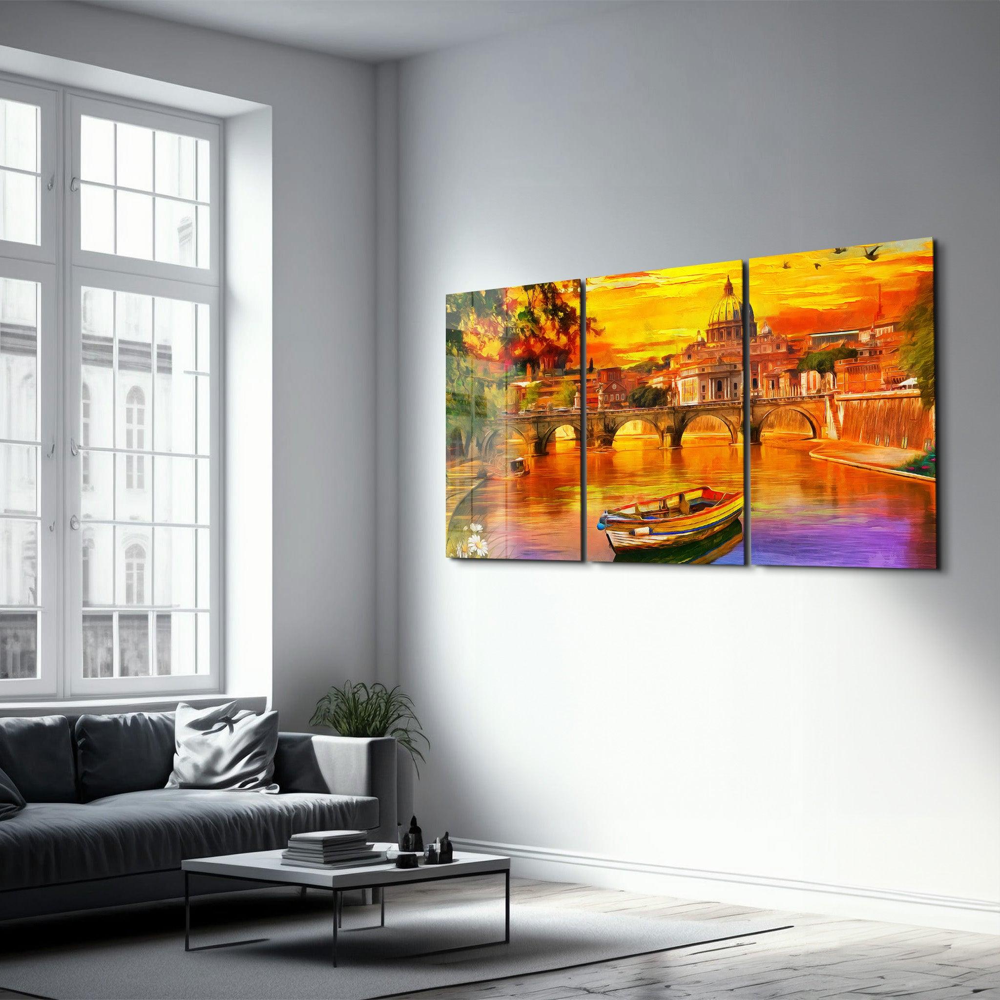 ・"Oil Painting Old River - Trio"・Glass Wall Art - ArtDesigna Glass Printing Wall Art