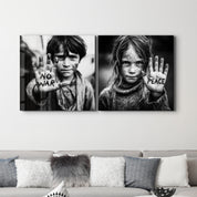 Glass wall art titled "Voices of Peace" protest portrait collection by Artdesigna, featuring vibrant glass artwork of diverse protest scenes.