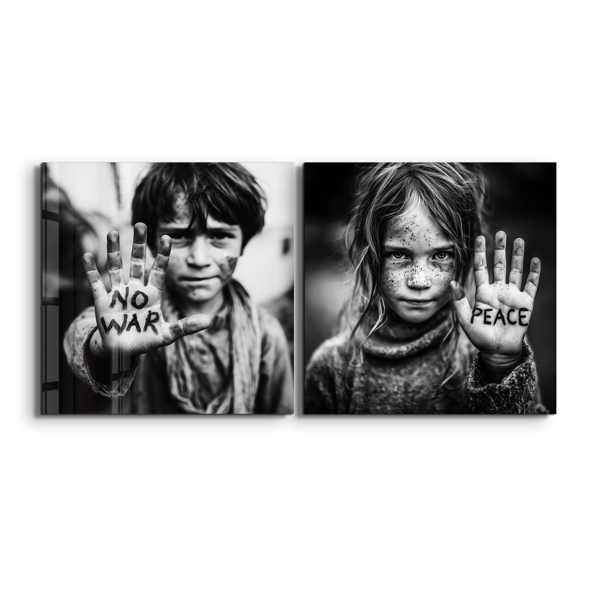 Glass wall art featuring protest portraits from the Voices of Peace collection by Artdesigna, showcasing vibrant glass artwork.