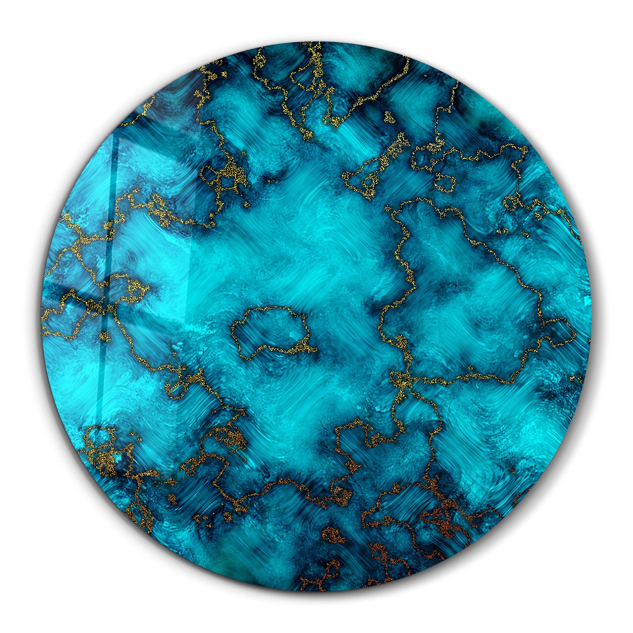 ・"Gold on Blue Abstract"・Rounded Glass Wall Art - ArtDesigna Glass Printing Wall Art