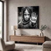 Glass wall art from Artdesigna's Voices of Peace protest portrait collection showing vibrant protest images on clear glass.