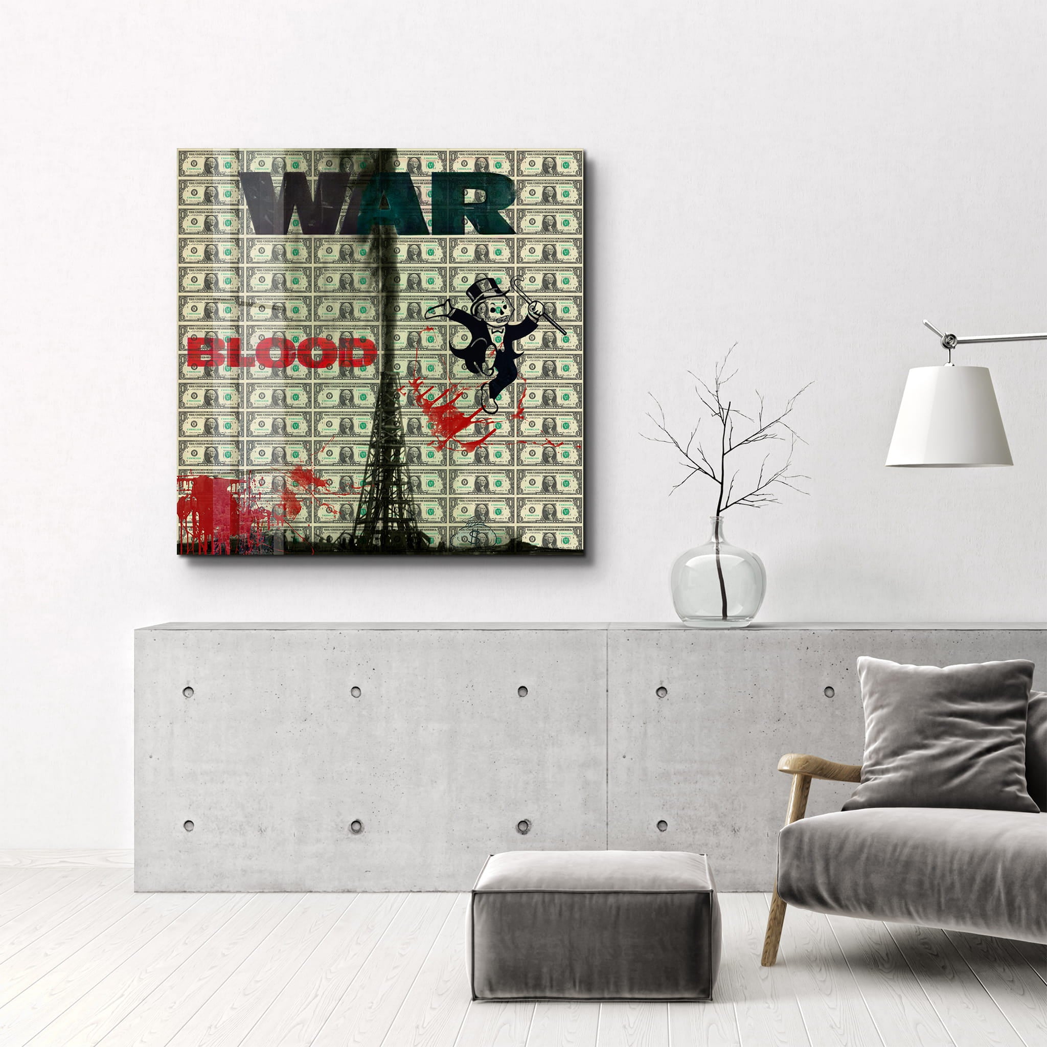War & Money by Mr. Pablo Costa | Glass Wall Art