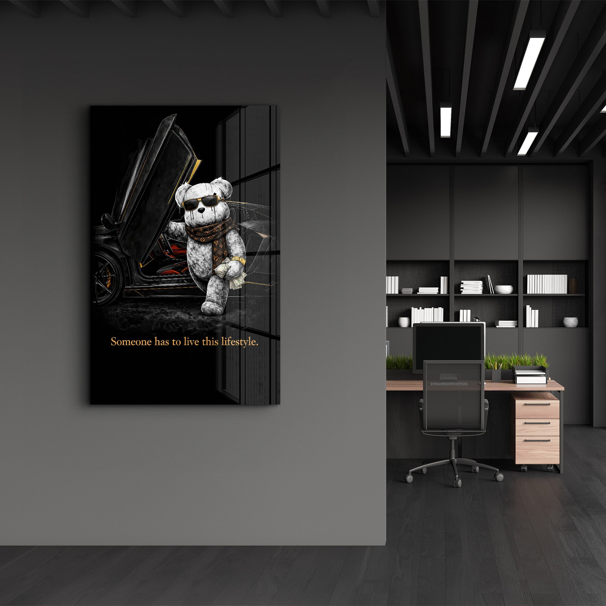 Glass wall art titled "Someone has to live this lifestyle x Sugar Teddy" by Artdesigna, featuring colorful glass design on a clear background.