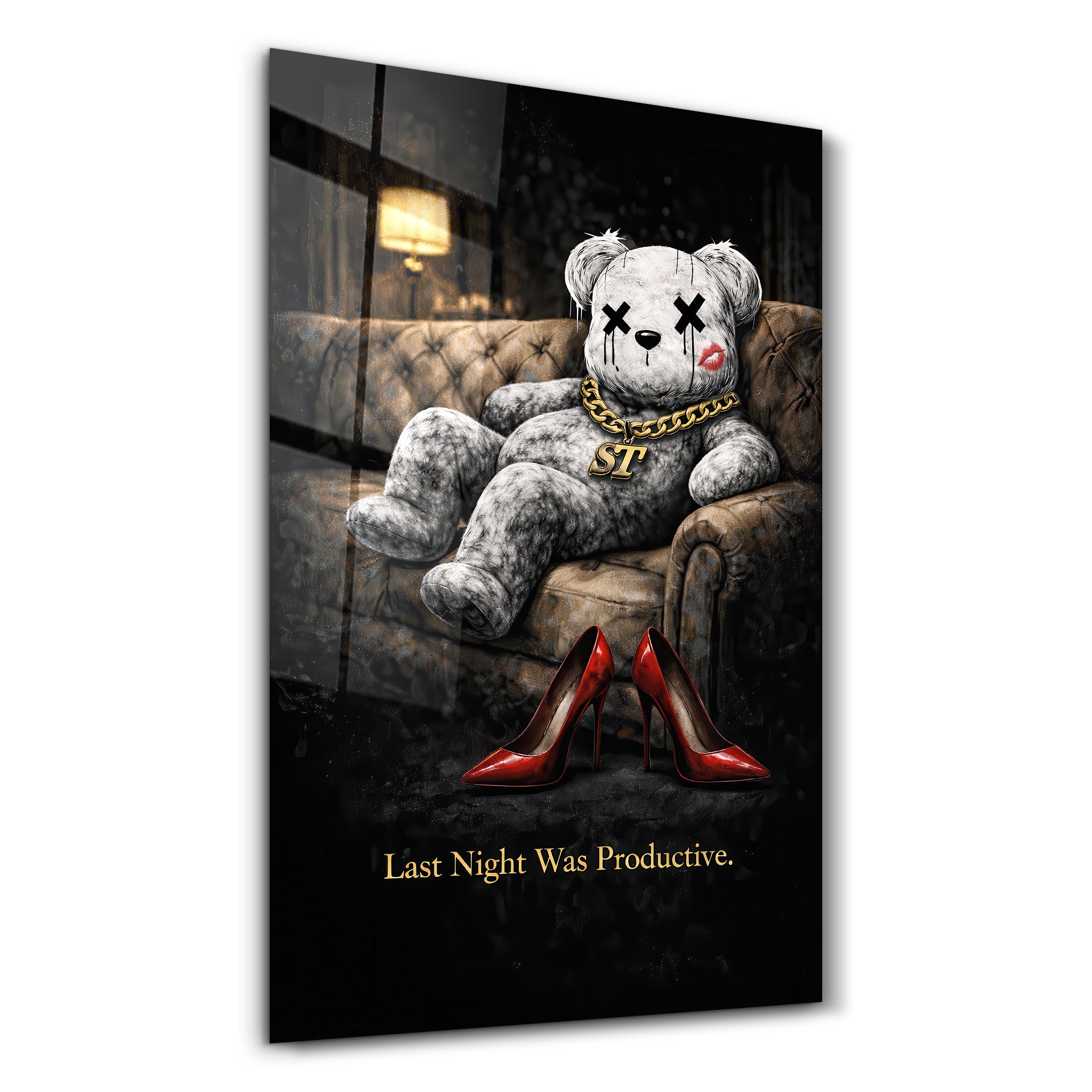 Glass wall art titled "Last Night Was Productive" by Artdesigna featuring a stylish, modern design on clear glass.