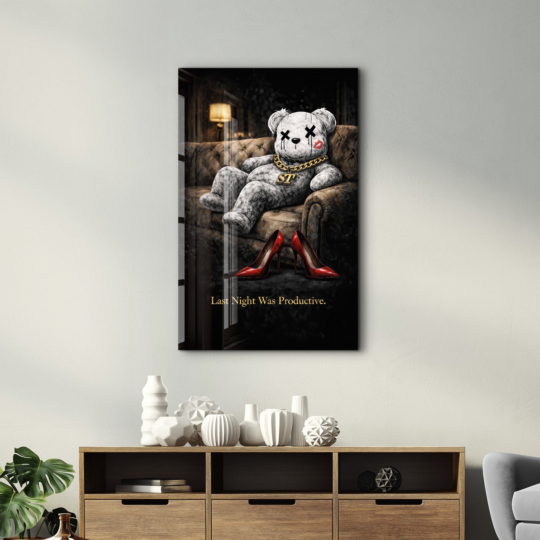 Glass wall art featuring the "Last Night Was Productive" design by Artdesigna, with a sleek and modern glass wall decor style.