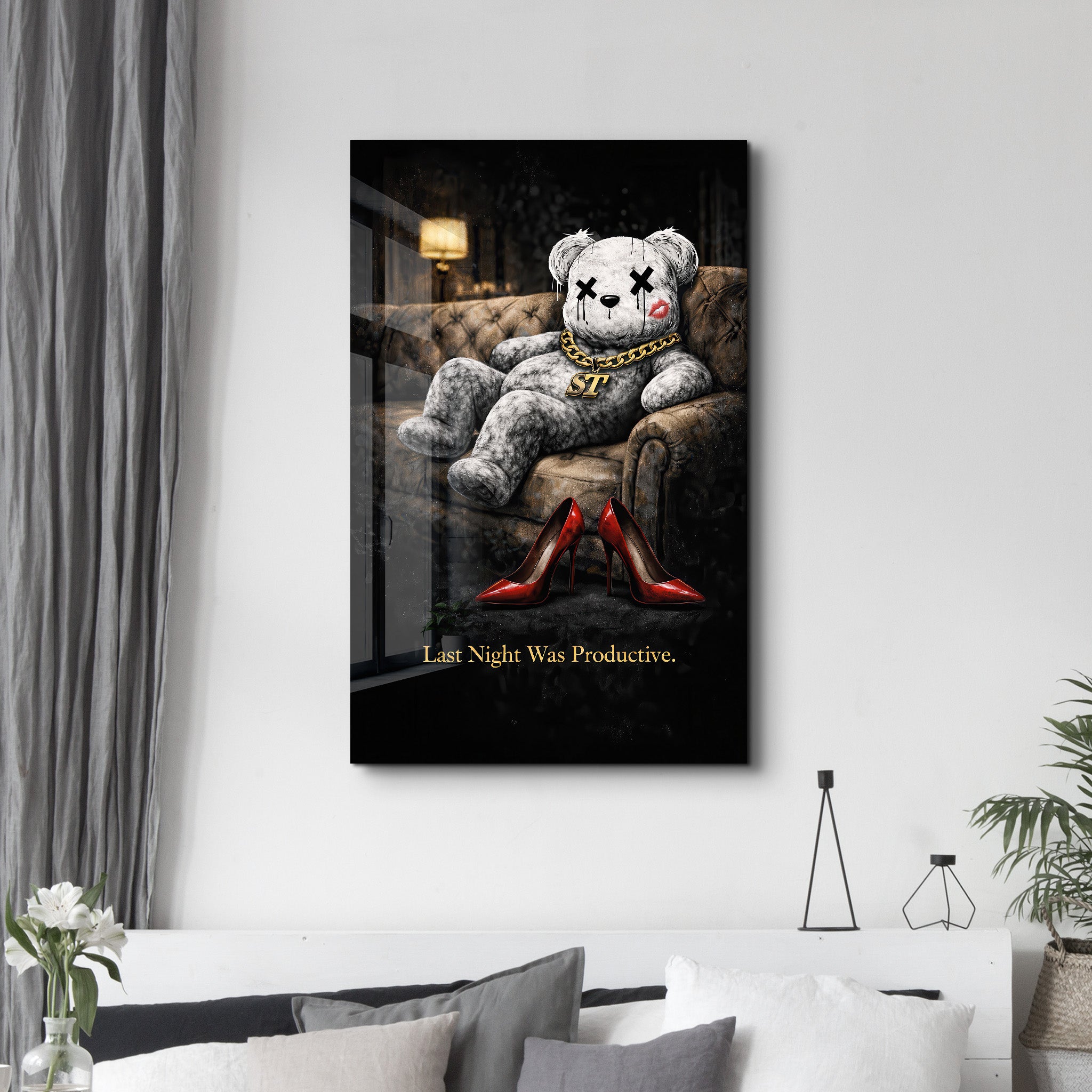 Glass wall art titled "Last Night Was Productive" by Artdesigna featuring a colorful, abstract design on clear glass.