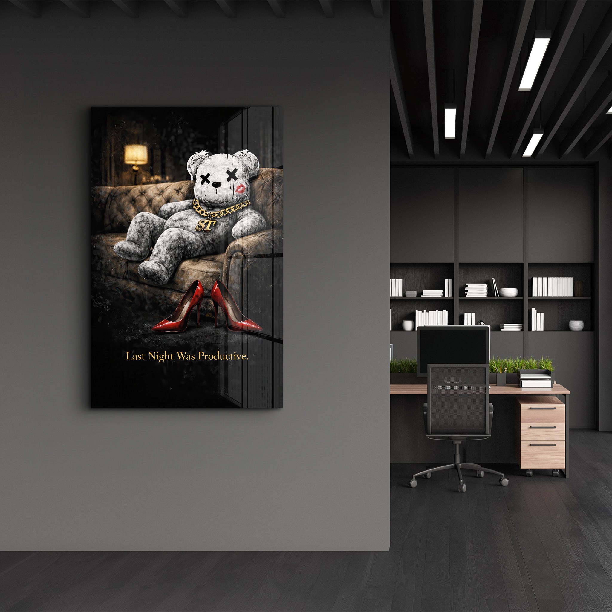 Glass wall art titled "Last Night Was Productive" by Artdesigna, featuring a stylish glass design with bold lettering.