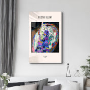 Glass wall art featuring The Virgin 1913 by Gustav Klimt, created by Artdesigna, showcasing intricate details and vibrant colors.