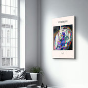 Glass wall art featuring The Virgin 1913 by Gustav Klimt, created by Artdesigna, showcasing intricate artwork on clear glass.