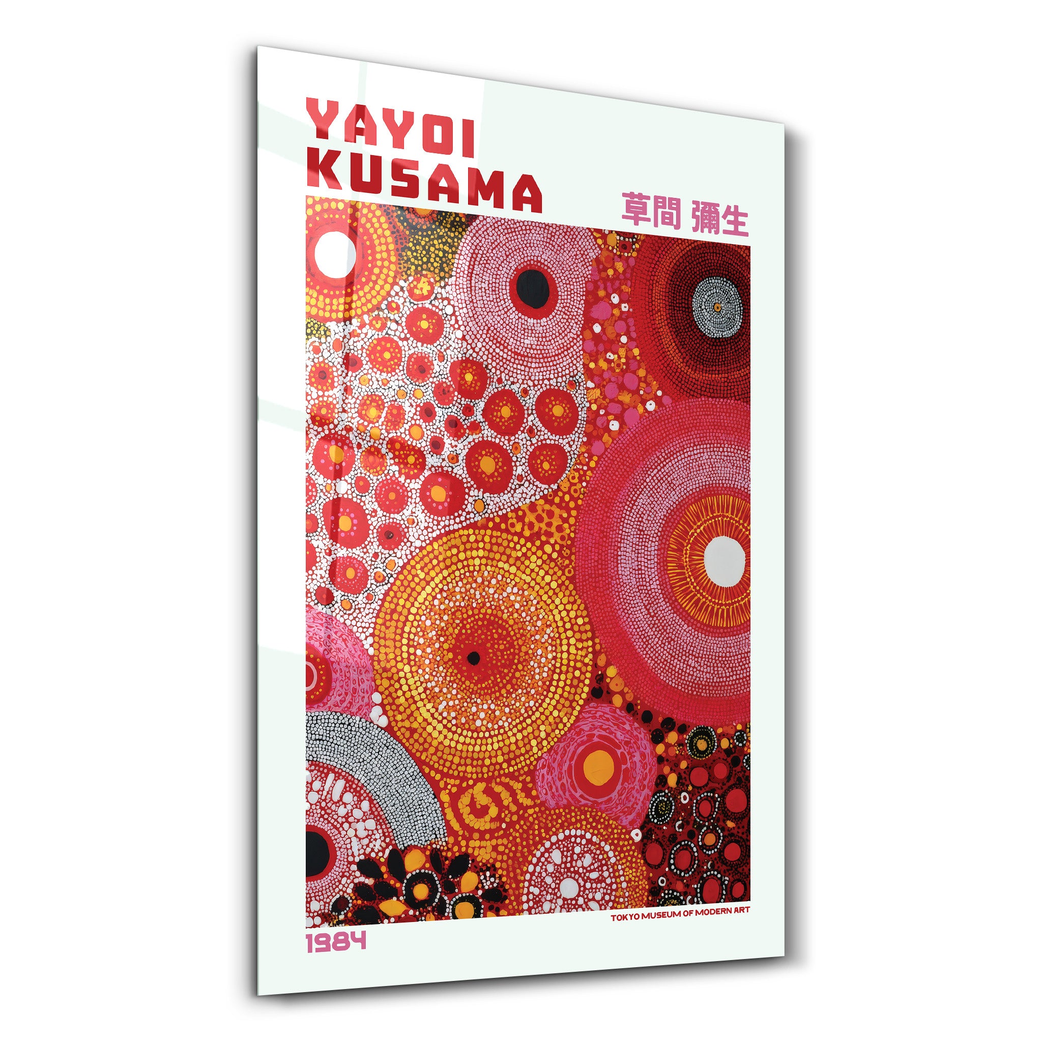 Yayoi Kusama Infinite Circles glass wall art by Artdesigna featuring vibrant, colorful circular patterns on a transparent surface.