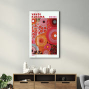 Glass wall art by Artdesigna featuring Yayoi Kusama's Infinite Circles design with vibrant, colorful glass circles on a transparent background.