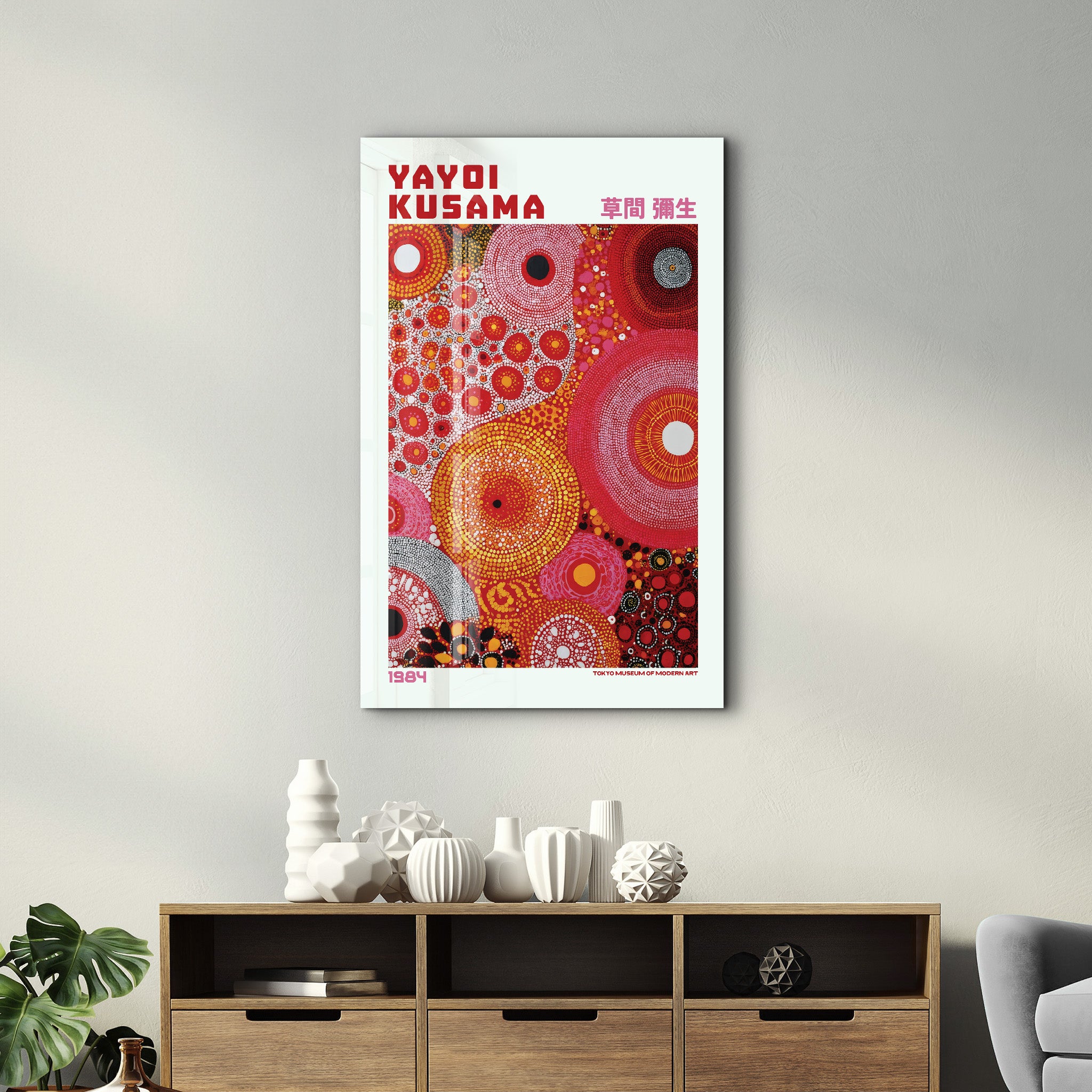 Yayoi Kusama Infinite Circles glass wall art by Artdesigna featuring vibrant circular patterns in a sleek design.