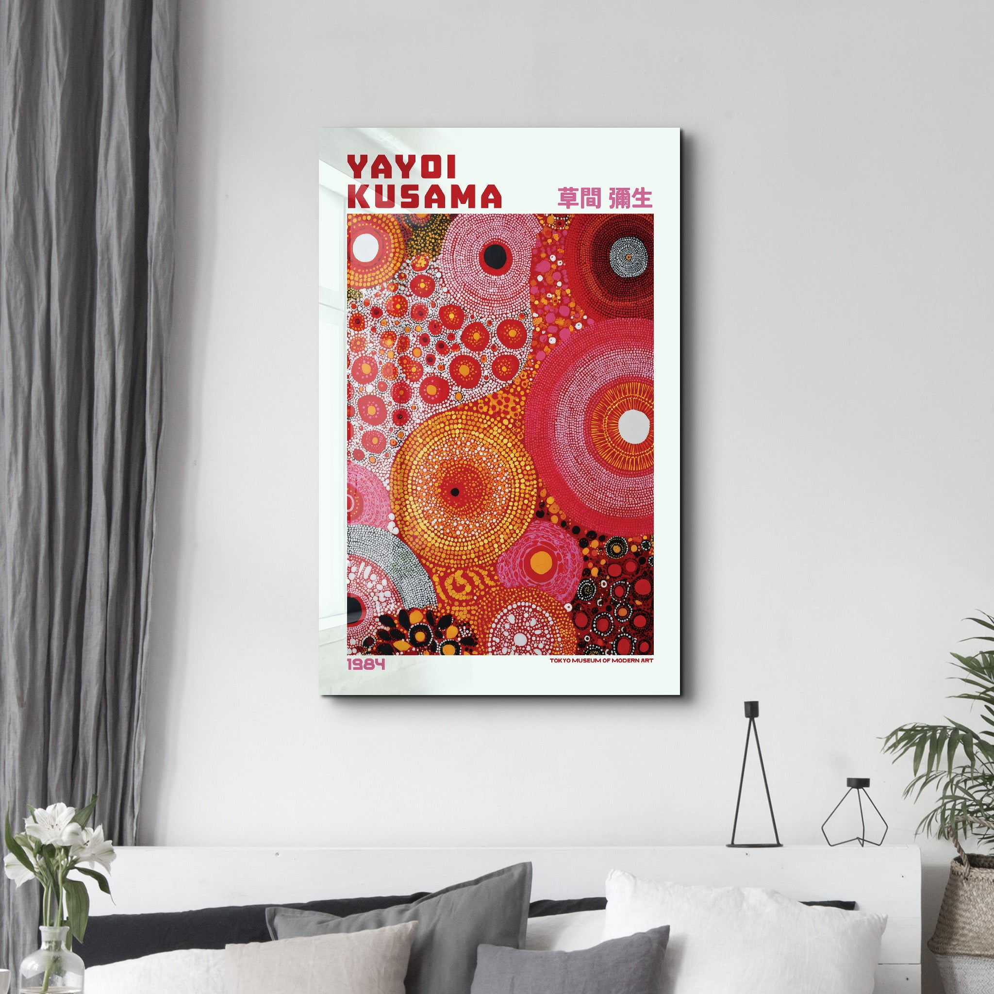Glass wall art by Artdesigna featuring Yayoi Kusama’s Infinite Circles design with colorful, abstract glass circle patterns.