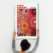 Glass wall art by Artdesigna featuring Yayoi Kusama's Infinite Circles design, showcasing colorful, intricate circular patterns.