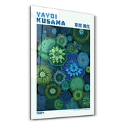Yayoi Kusama Emerald Infinity glass wall art by Artdesigna featuring vibrant green and black abstract design on clear glass surface