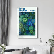 Yayoi Kusama Emerald Infinity glass wall art featuring vibrant green patterns on clear glass, created by Artdesigna.