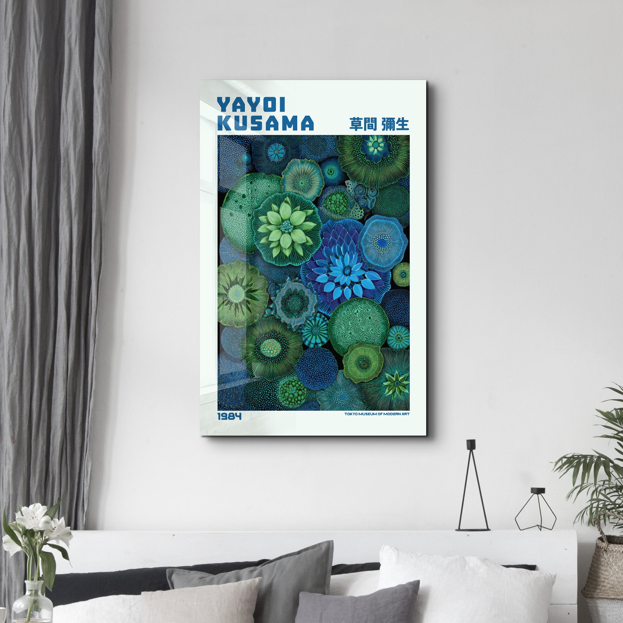 Yayoi Kusama Emerald Infinity glass wall art featuring vibrant green patterns on clear glass, created by Artdesigna.