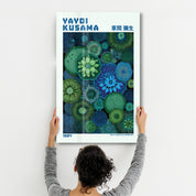 Yayoi Kusama Emerald Infinity glass wall art by Artdesigna featuring vibrant green patterns and intricate abstract design.