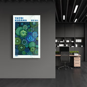 Yayoi Kusama Emerald Infinity glass wall art by Artdesigna featuring intricate green patterns on a clear glass panel.