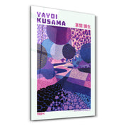 Violet infinity path glass wall art by Yayoi Kusama, showcasing vibrant, abstract patterns on a clear glass panel.