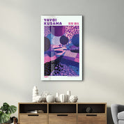 Violet Infinity Path glass wall art by Yayoi Kusama, featuring vibrant, abstract design on clear glass wall decor from Artdesigna.