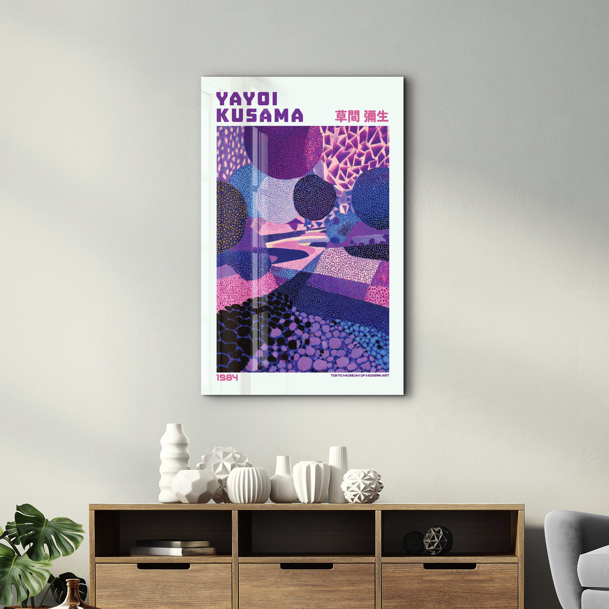 Violet Infinity Path glass wall art by Yayoi Kusama, featuring vibrant, abstract design on clear glass wall decor from Artdesigna.