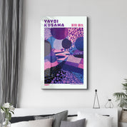 Violet Infinity Path glass wall art by Artdesigna featuring Yayoi Kusama's abstract, vibrant design on clear glass surface.