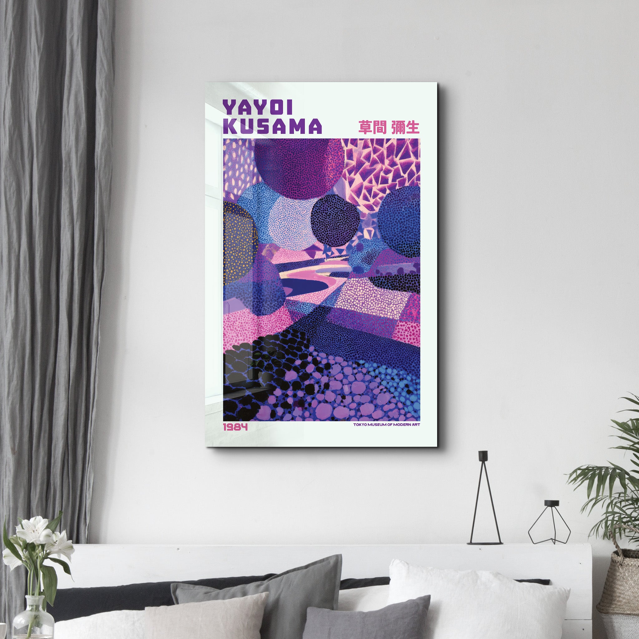 Violet Infinity Path glass wall art by Artdesigna featuring Yayoi Kusama's abstract, vibrant design on clear glass surface.