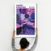 Violet Infinity Path glass wall art by Artdesigna, featuring vibrant abstract patterns inspired by Yayoi Kusama's style.