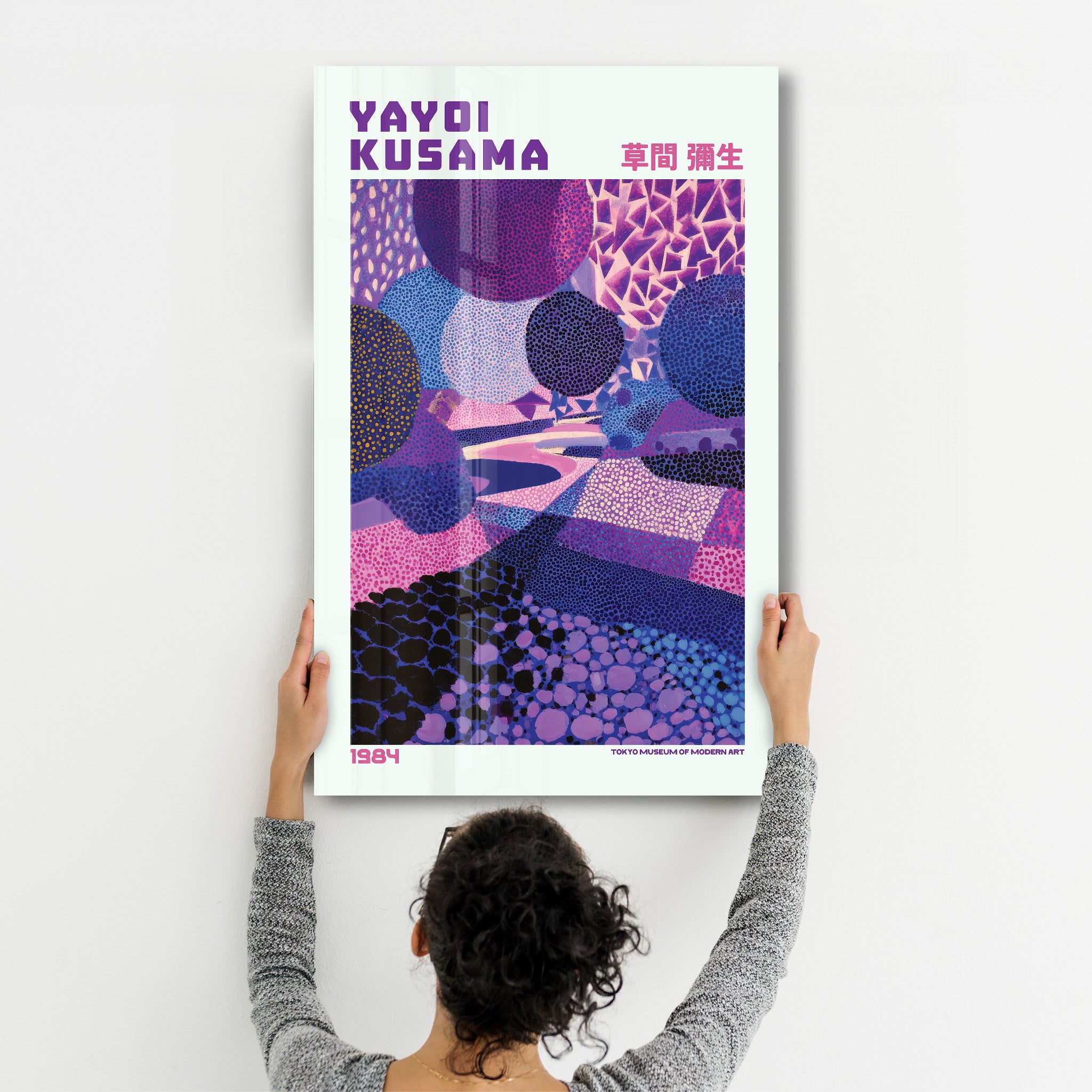 Violet Infinity Path glass wall art by Artdesigna, featuring vibrant abstract patterns inspired by Yayoi Kusama's style.