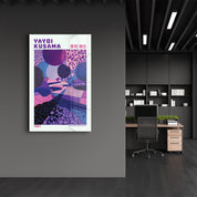 Violet Infinity Path glass wall art by Yayoi Kusama, featuring vibrant abstract patterns, mounted on a sleek wall.