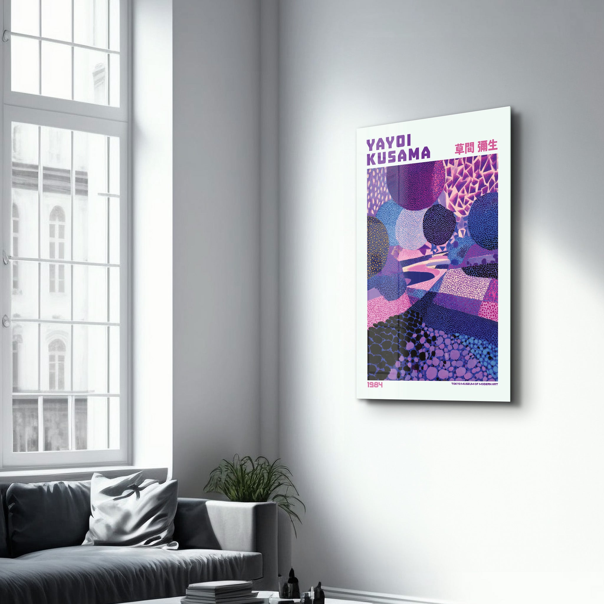 Violet Infinity Path glass wall art by Yayoi Kusama, featuring colorful abstract patterns on clear glass, designed by Artdesigna.