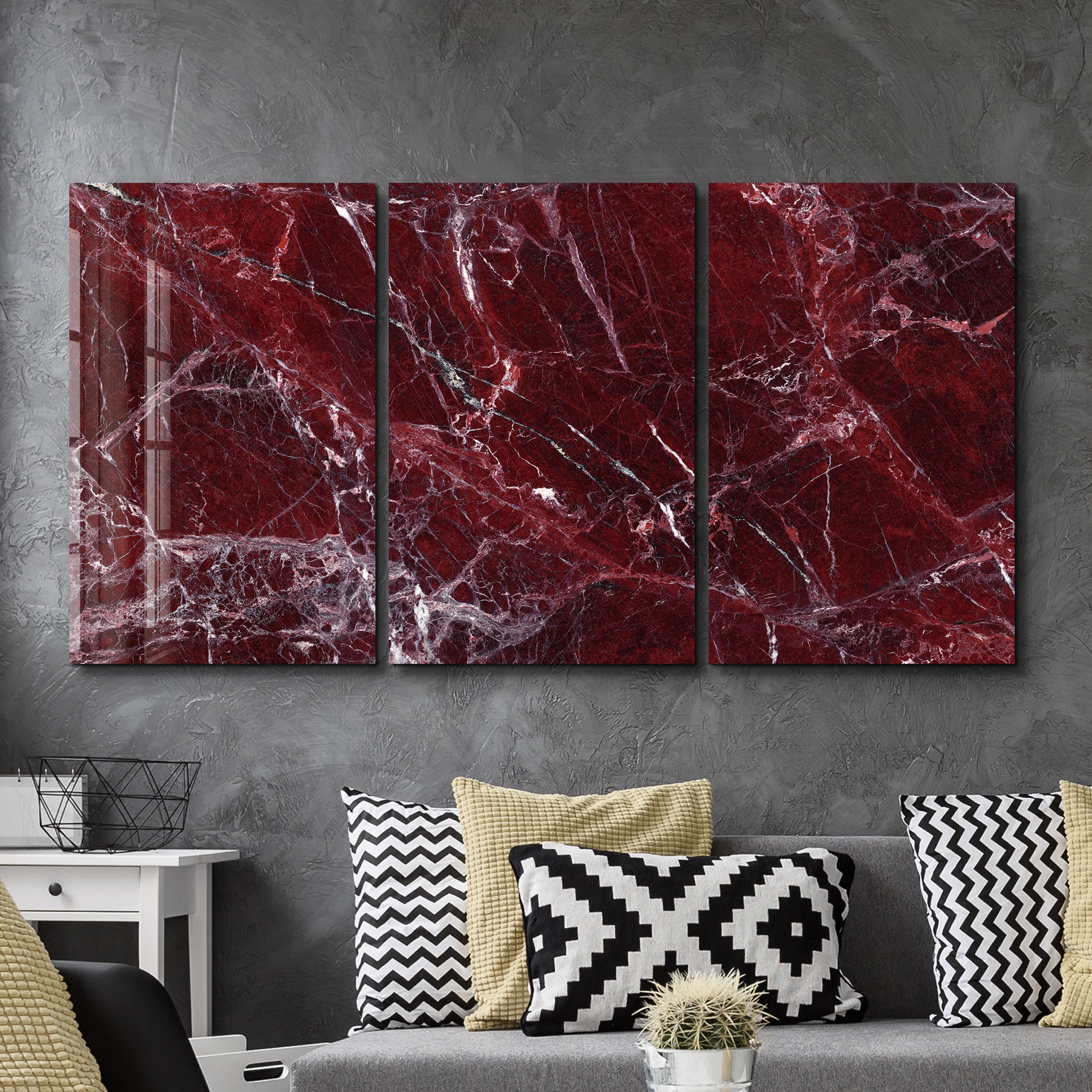Rare Burgundy Marble Trio | Glass Wall Art