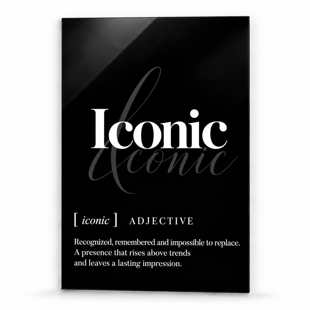 Iconic Definition glass wall art by Artdesigna, black and white typography print