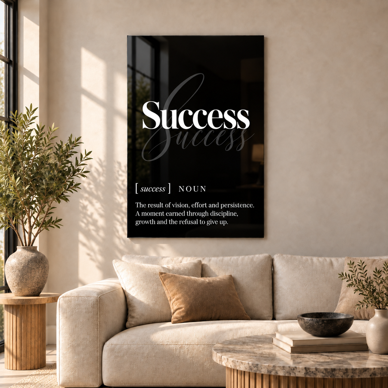 Success Definition glass wall art by Artdesigna, black and white typography print in a living room
