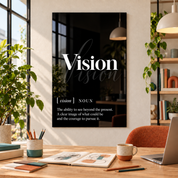 Vision Definition glass wall art by Artdesigna, black and white typography print in a home office