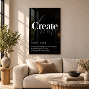 Create Definition glass wall art by Artdesigna, black and white typography print in a living room