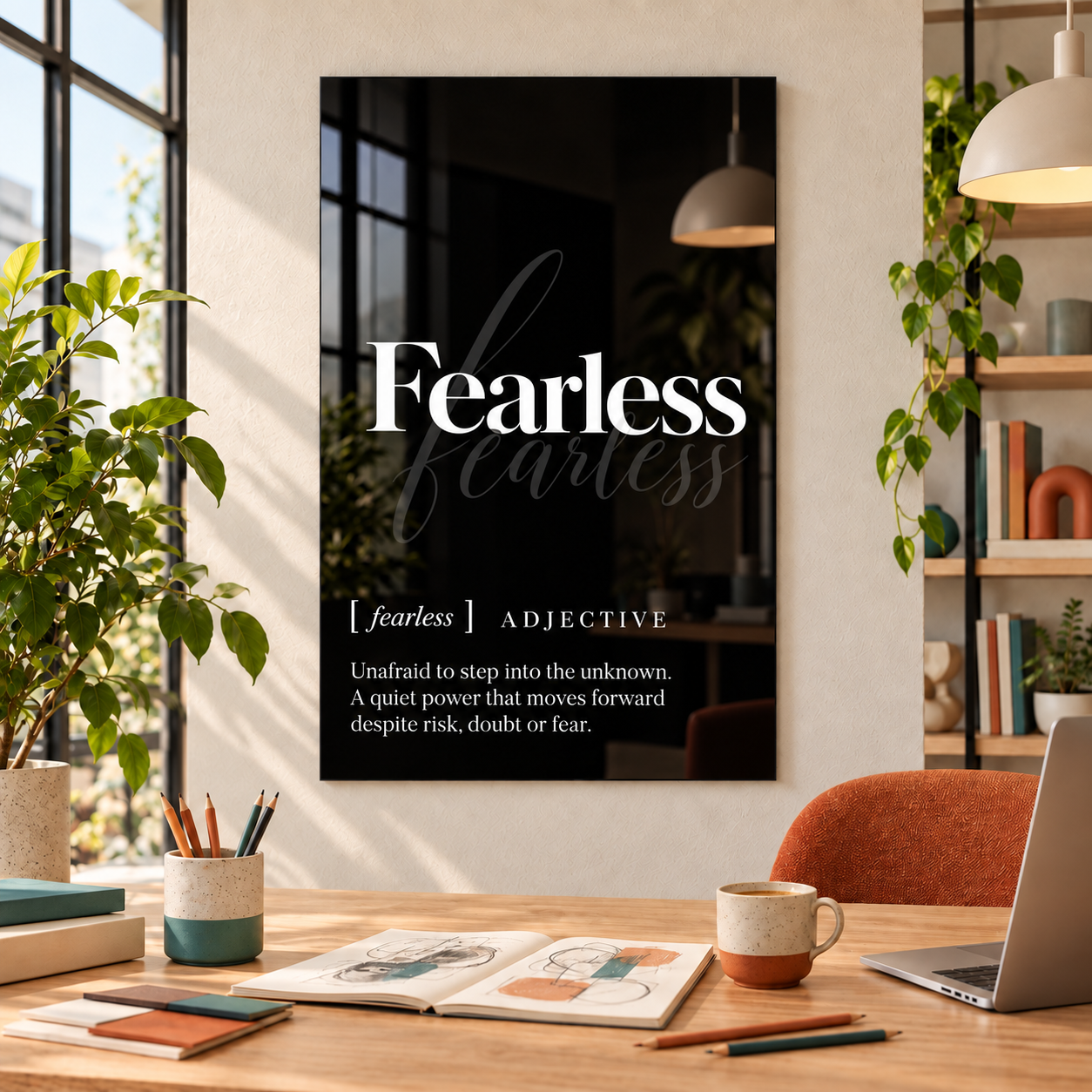 Fearless Definition glass wall art by Artdesigna, black and white typography print in a home office
